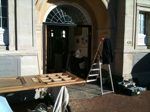 Library doors being installed